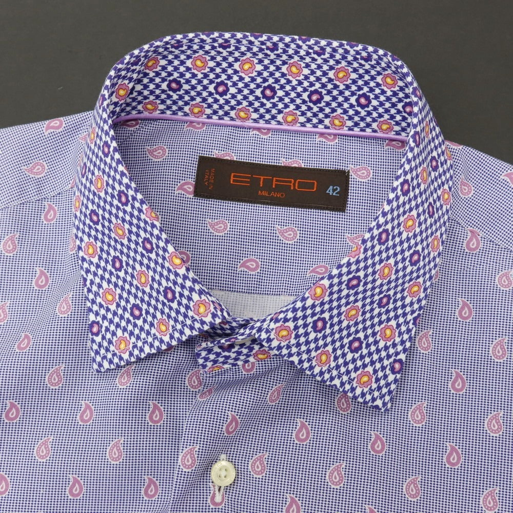【中古】エトロ ETRO コットン ペイズリー 小紋 プリント レギュラーカラー カジュアルシャツ パープル【サイズ42】【 状態ランクB 】【 メンズ 】