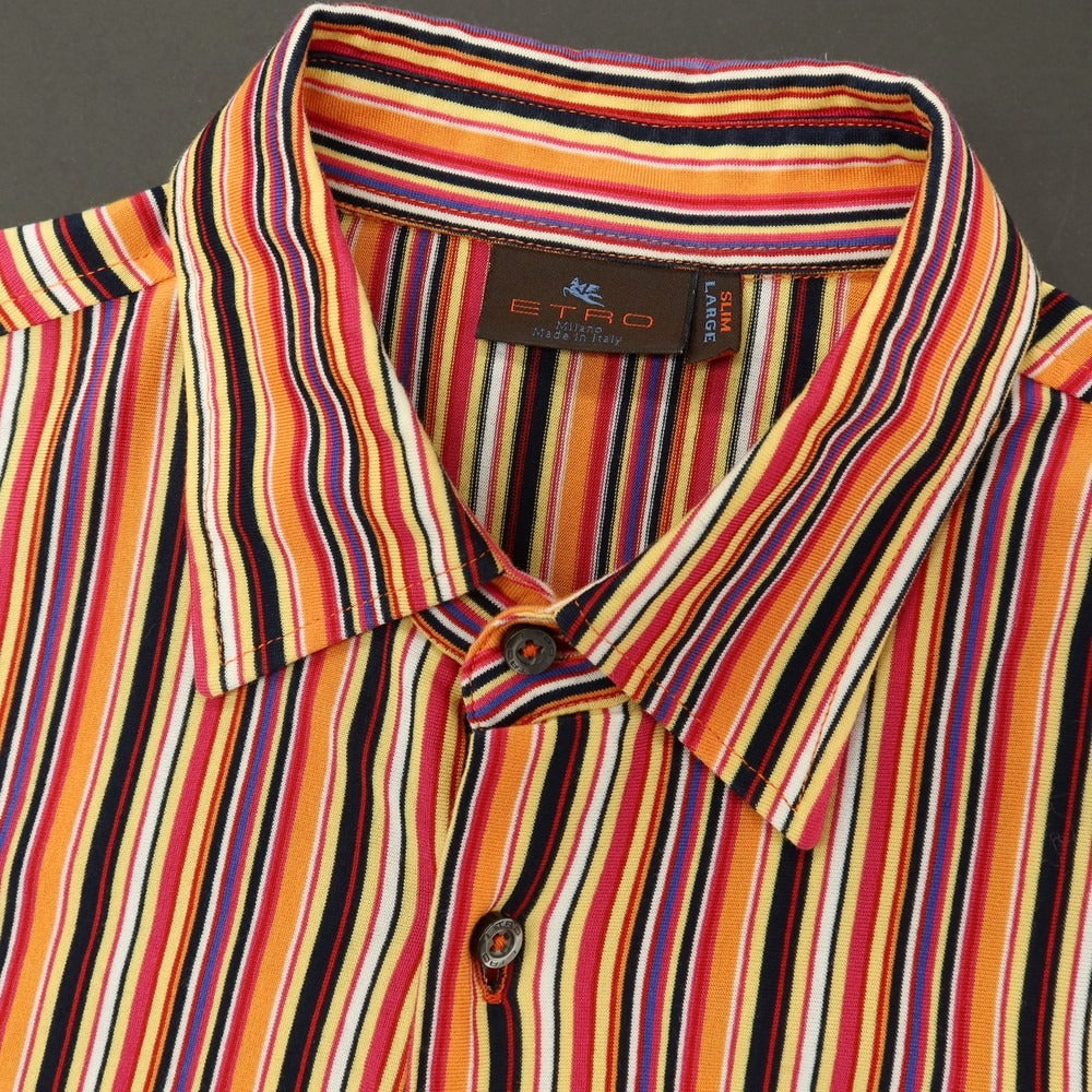 【中古】エトロ ETRO コットン マルチストライプ 半袖シャツ オレンジ系xマルチカラー【サイズL】【 状態ランクB 】【 メンズ 】