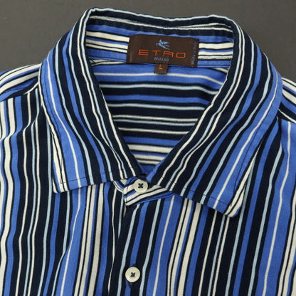 【中古】エトロ ETRO コットン ストライプ 半袖シャツ ブルー系xアイボリー【サイズL】【 状態ランクC 】【 メンズ 】