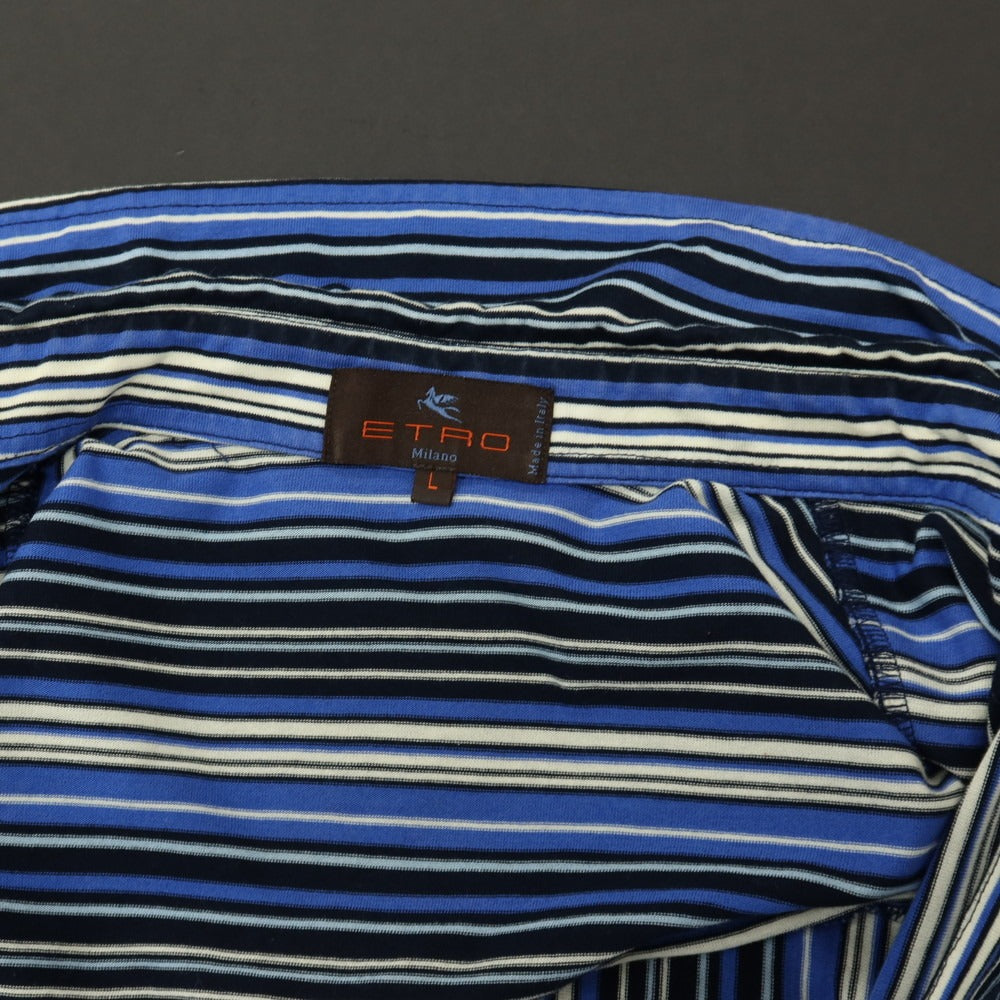 【中古】エトロ ETRO コットン ストライプ 半袖シャツ ブルー系xアイボリー【サイズL】【 状態ランクC 】【 メンズ 】