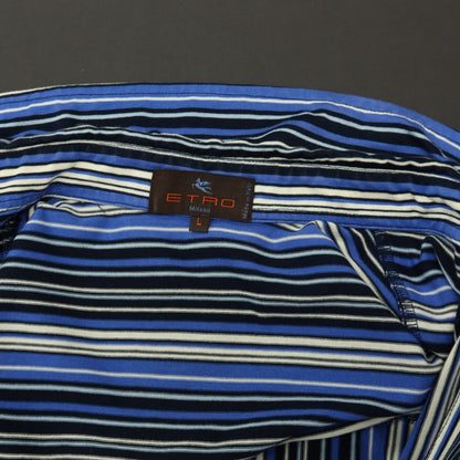 【中古】エトロ ETRO コットン ストライプ 半袖シャツ ブルー系xアイボリー【サイズL】【 状態ランクC 】【 メンズ 】