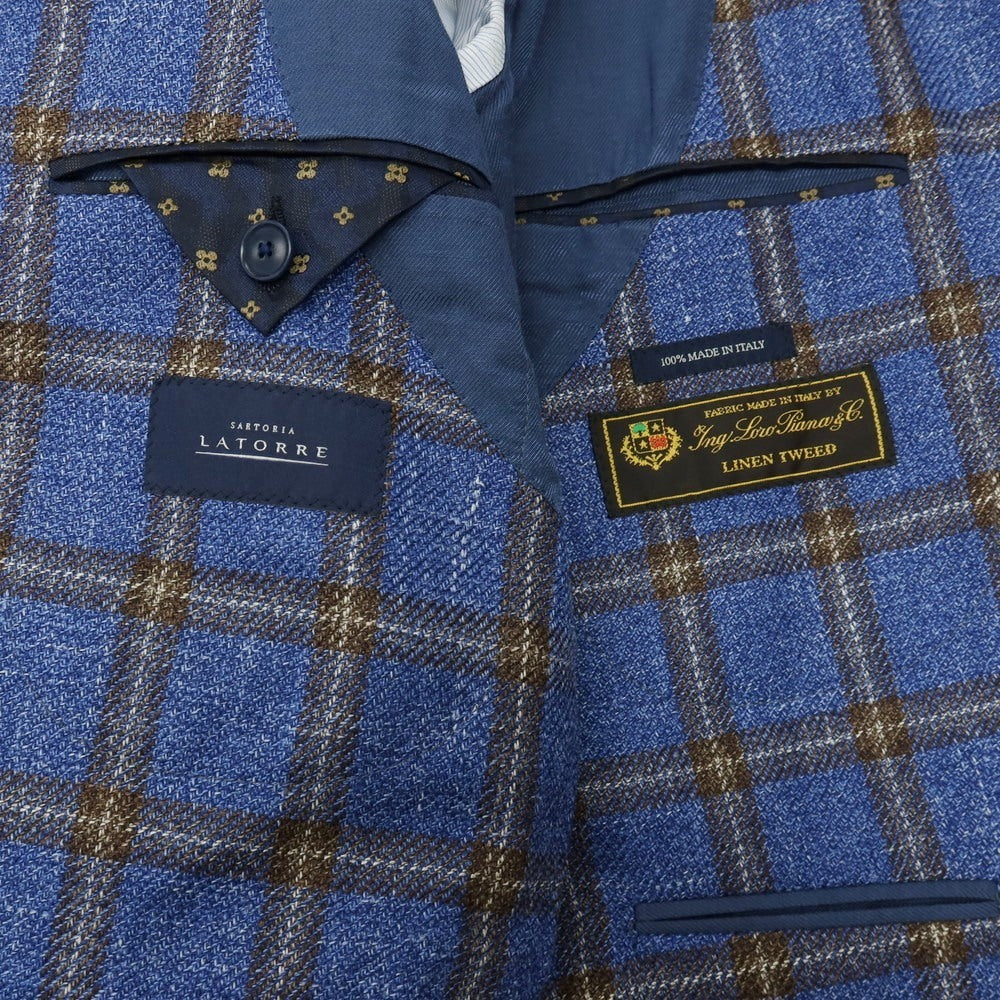 【中古】サルトリア ラトーレ SARTORIA LATORRE NIZZA ウールシルクリネン チェック 3B テーラードジャケット ブルーxブラウン【サイズ54】【 状態ランクB 】【 メンズ 】