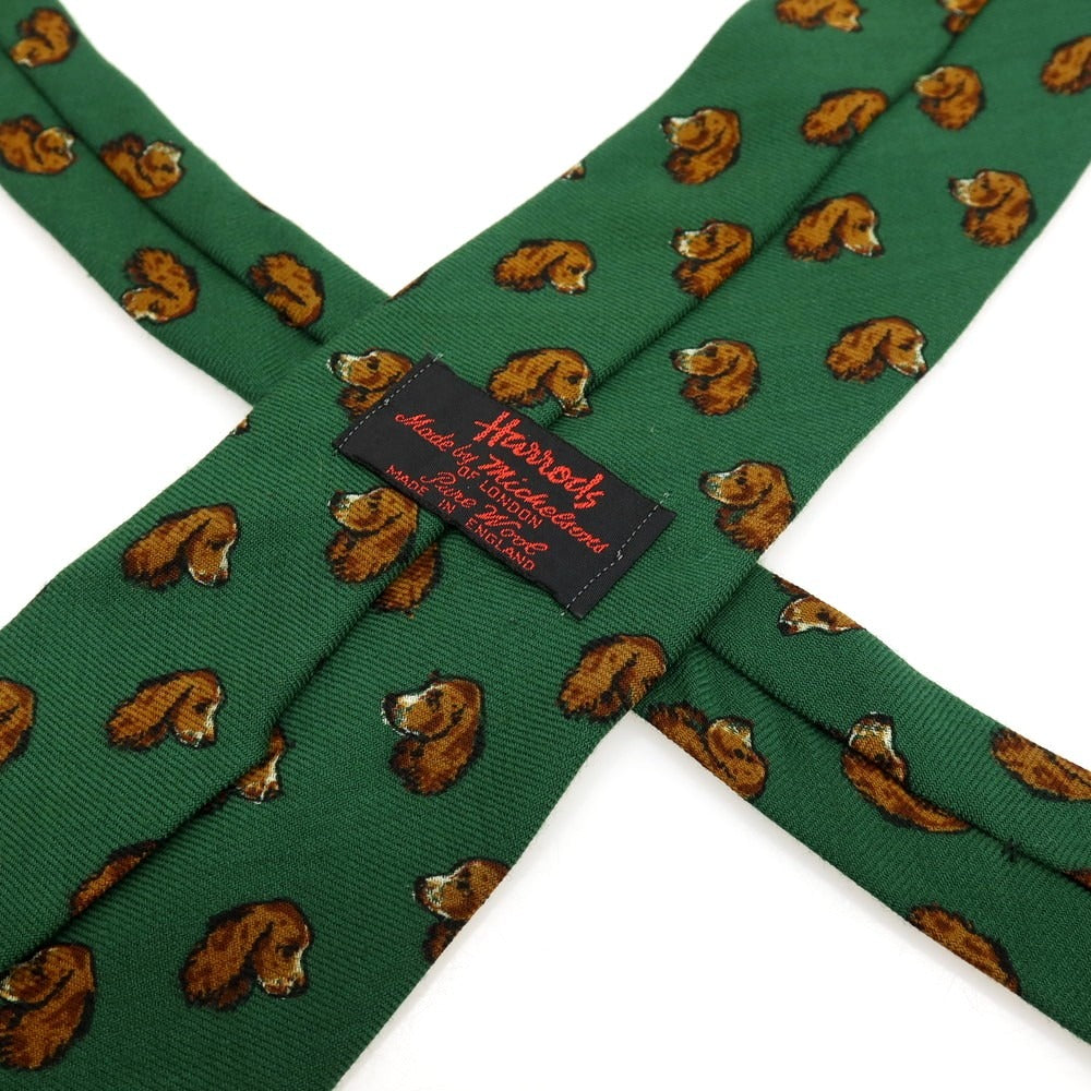 【中古】ハロッズ Harrods ウール プリント ドッグ柄ネクタイ グリーンxブラウン【 状態ランクC 】【 メンズ 】