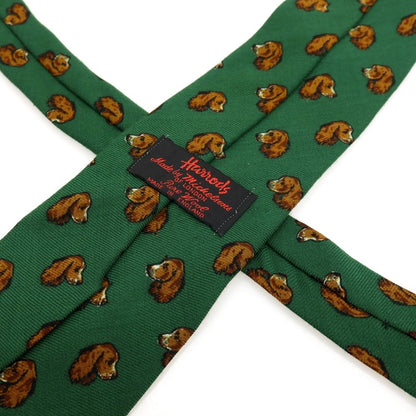 【中古】ハロッズ Harrods ウール プリント ドッグ柄ネクタイ グリーンxブラウン【 状態ランクC 】【 メンズ 】