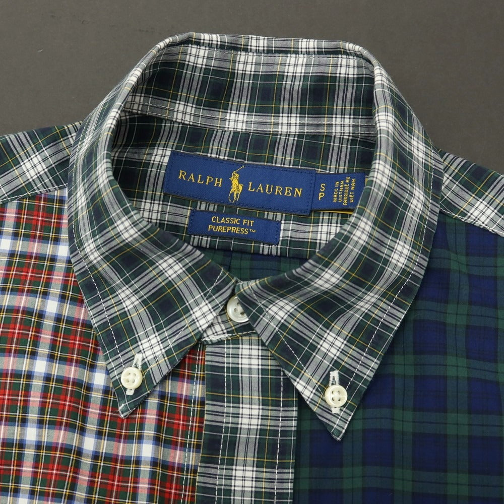 【中古】ラルフローレン RALPH LAUREN コットン パネル切替 チェック ボタンダウン カジュアルシャツ グリーンxレッド系【サイズS】【 状態ランクB 】【 メンズ 】