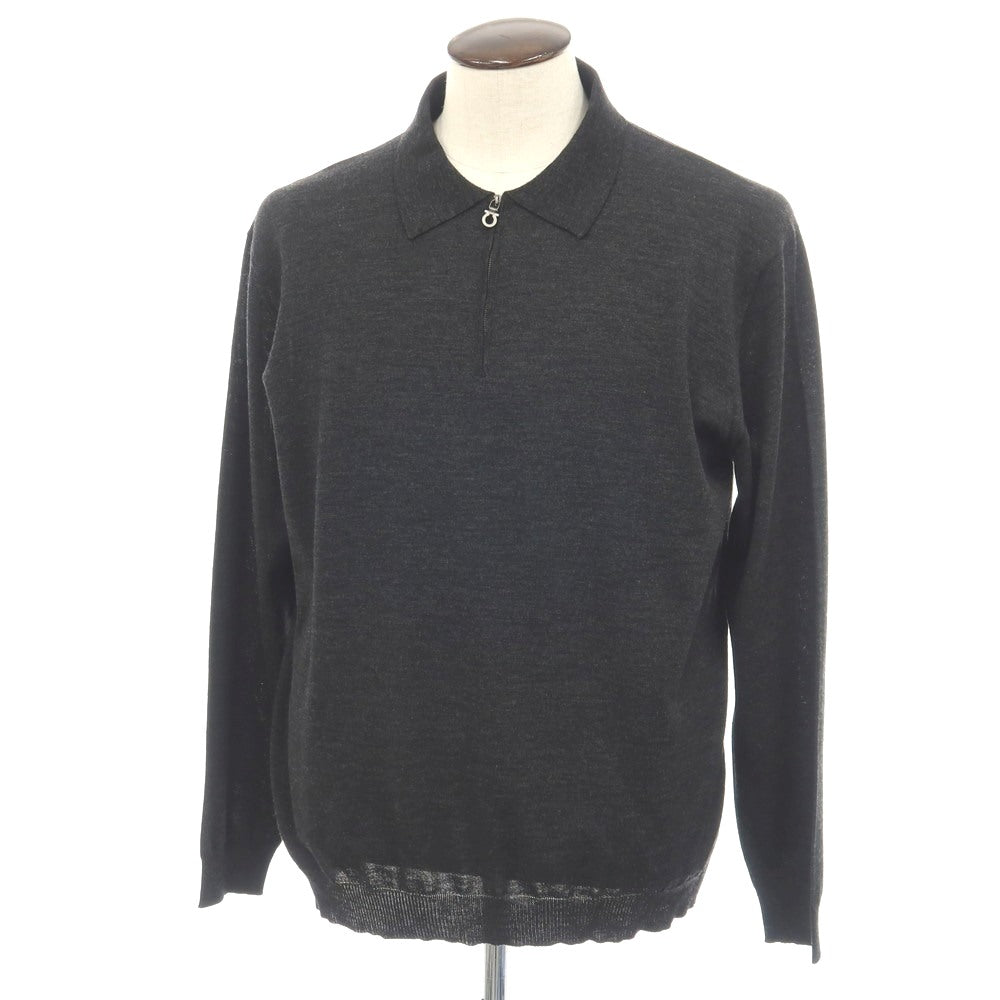【中古】サルヴァトーレフェラガモ Salvatore Ferragamo ウール ハーフジップ 長袖 ポロニット チャコール【サイズXL】【 状態ランクB 】【 メンズ 】