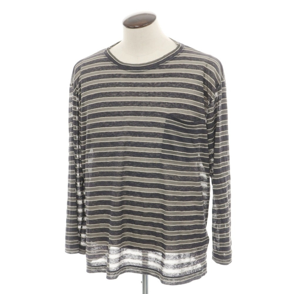 【中古】ジョルジオアルマーニ GIORGIO ARMANI リネンレーヨン クルーネック ボーダー 長袖Ｔシャツ ダークグレーxグレー【サイズ54】【 状態ランクC 】【 メンズ 】