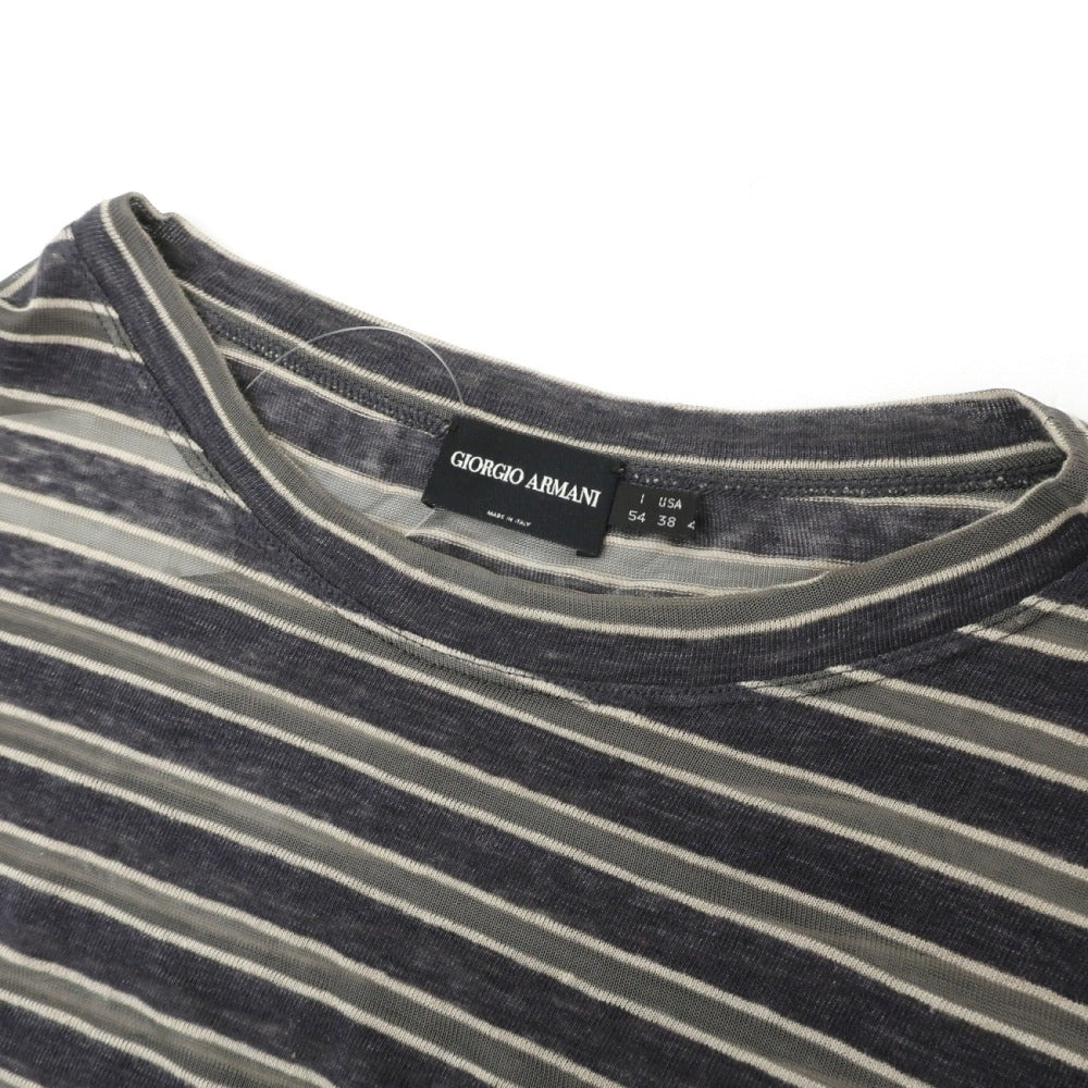 【中古】ジョルジオアルマーニ GIORGIO ARMANI リネンレーヨン クルーネック ボーダー 長袖Ｔシャツ ダークグレーxグレー【サイズ54】【 状態ランクC 】【 メンズ 】