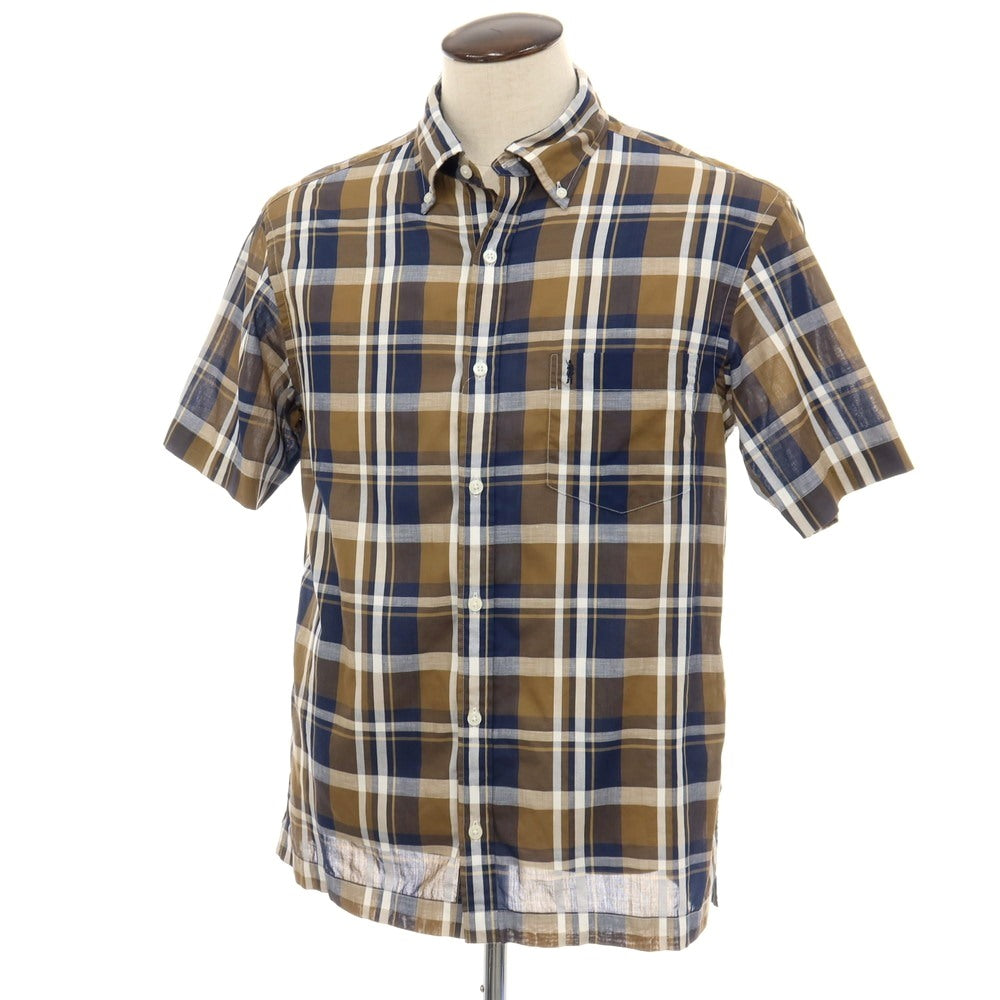 【中古】マッキントッシュ ロンドン MACKINTOSH LONDON コットンリネン チェック ボタンダウン 半袖シャツ ブラウンxネイビー【サイズLL】【 状態ランクB 】【 メンズ 】