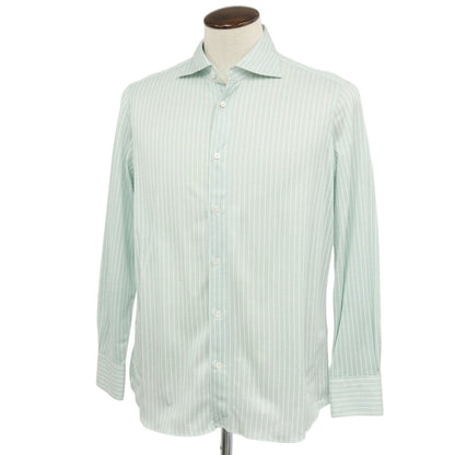 【中古】フィナモレ Finamore jersey コットン ストライプ ワイドカラー カジュアルシャツ グリーンxホワイト【サイズL】【 状態ランクB 】【 メンズ 】