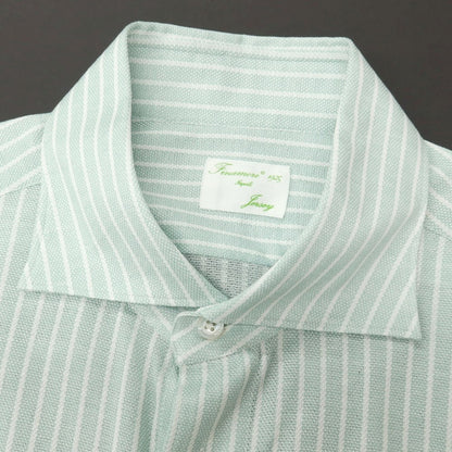 【中古】フィナモレ Finamore jersey コットン ストライプ ワイドカラー カジュアルシャツ グリーンxホワイト【サイズL】【 状態ランクB 】【 メンズ 】