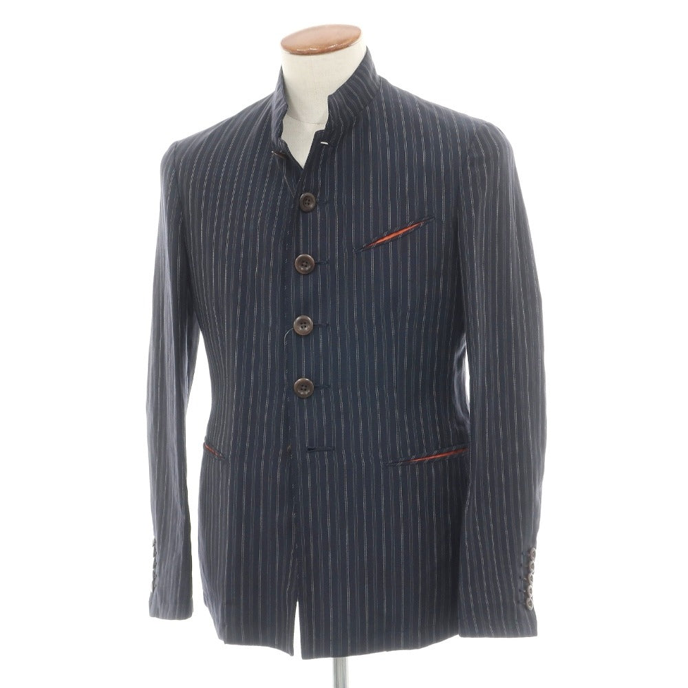 【中古】ポールスミスコレクション PAUL SMITH COLLECTION ウールリネン ストライプ 6B マオカラージャケット グレイッシュネイビーxホワイト【サイズM】【 状態ランクC 】【 メンズ 】