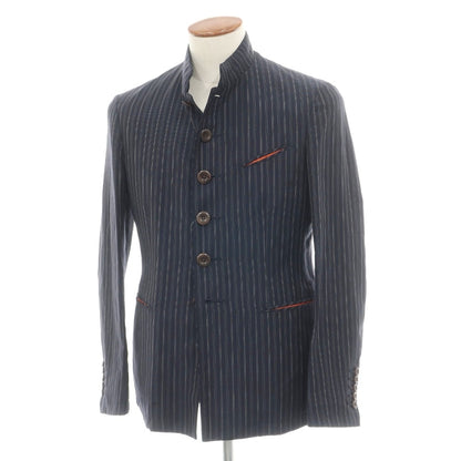 【中古】ポールスミスコレクション PAUL SMITH COLLECTION ウールリネン ストライプ 6B マオカラージャケット グレイッシュネイビーxホワイト【サイズM】【 状態ランクC 】【 メンズ 】