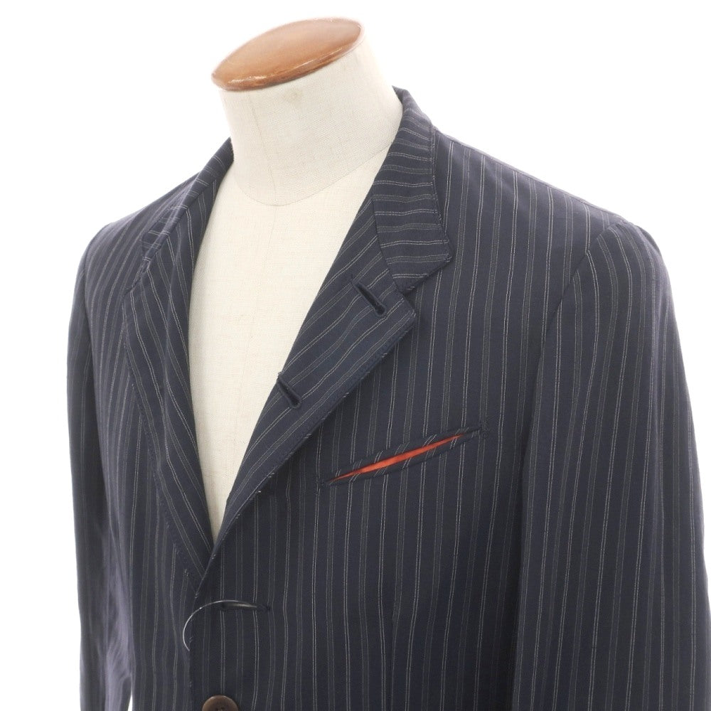 【中古】ポールスミスコレクション PAUL SMITH COLLECTION ウールリネン ストライプ 6B マオカラージャケット グレイッシュネイビーxホワイト【サイズM】【 状態ランクC 】【 メンズ 】
