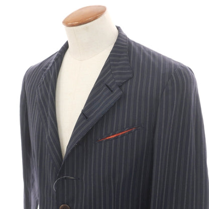【中古】ポールスミスコレクション PAUL SMITH COLLECTION ウールリネン ストライプ 6B マオカラージャケット グレイッシュネイビーxホワイト【サイズM】【 状態ランクC 】【 メンズ 】