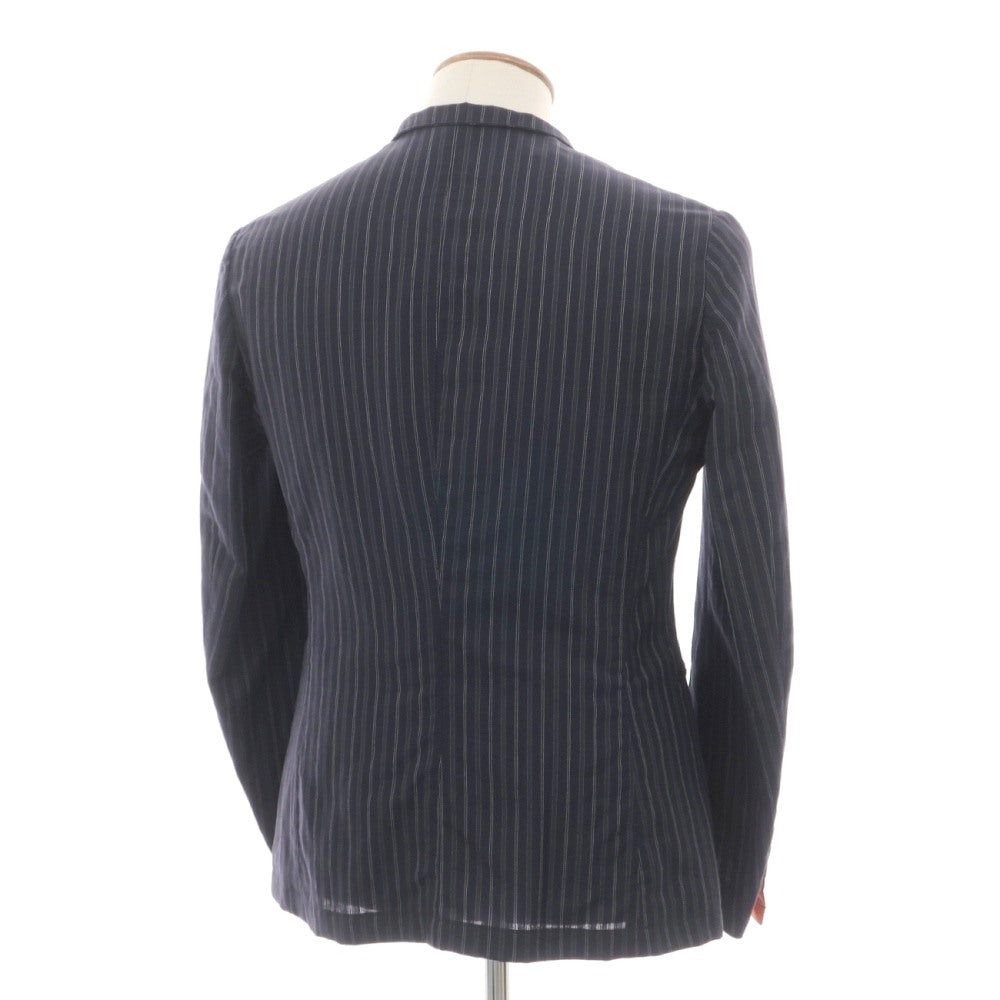 【中古】ポールスミスコレクション PAUL SMITH COLLECTION ウールリネン ストライプ 6B マオカラージャケット グレイッシュネイビーxホワイト【サイズM】【 状態ランクC 】【 メンズ 】