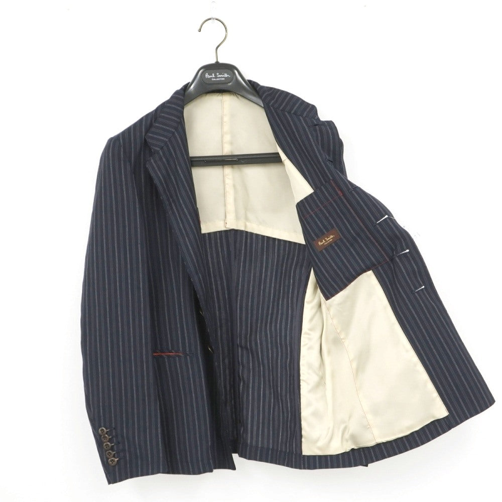 【中古】ポールスミスコレクション PAUL SMITH COLLECTION ウールリネン ストライプ 6B マオカラージャケット グレイッシュネイビーxホワイト【サイズM】【 状態ランクC 】【 メンズ 】