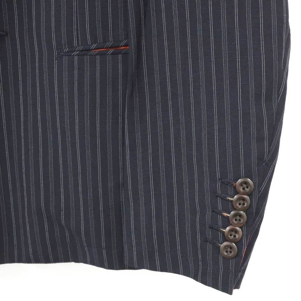 【中古】ポールスミスコレクション PAUL SMITH COLLECTION ウールリネン ストライプ 6B マオカラージャケット グレイッシュネイビーxホワイト【サイズM】【 状態ランクC 】【 メンズ 】
