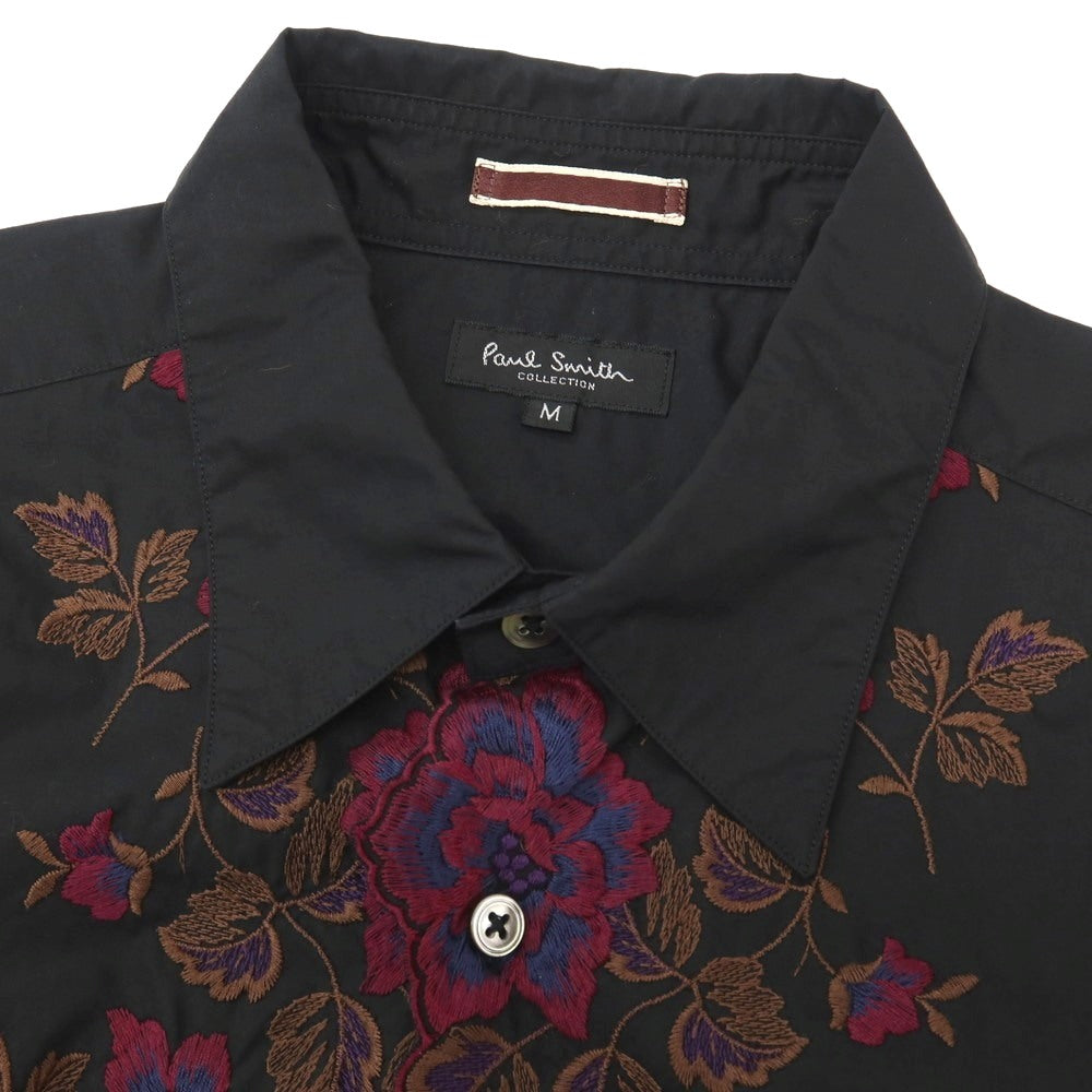 【中古】ポールスミスコレクション PAUL SMITH COLLECTION コットン 花柄 刺しゅう レギュラーカラー カジュアルシャツ ブラック【サイズM】【 状態ランクC 】【 メンズ 】