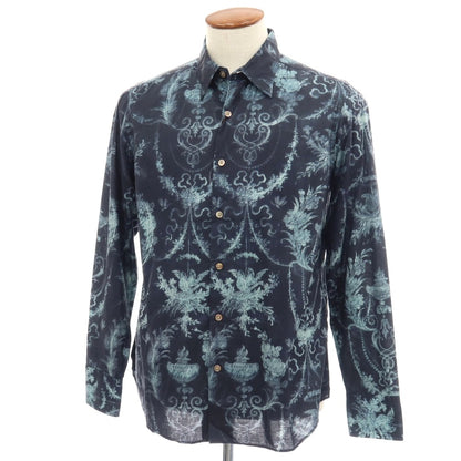 【中古】ポールスミスコレクション PAUL SMITH COLLECTION コットン 総柄 プリント レギュラーカラー カジュアルシャツ ネイビーxライトブルー【サイズM】【 状態ランクB 】【 メンズ 】