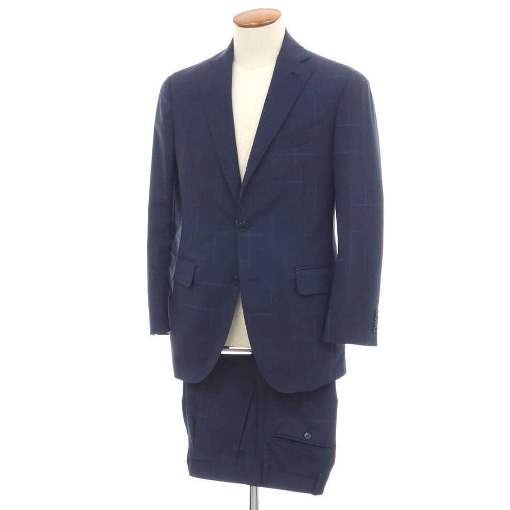 【中古】ラルディーニ LARDINI ウールポリウレタン チェック 3つボタンスーツ ネイビー【サイズ46】【 状態ランクC 】【 メンズ 】