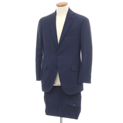 【中古】ラルディーニ LARDINI ウールポリウレタン チェック 3つボタンスーツ ネイビー【サイズ46】【 状態ランクC 】【 メンズ 】