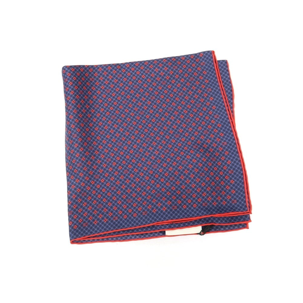 【中古】グッチ GUCCI シルク GGロゴ×クローバー×チェック プリント ポケットチーフ ネイビーxレッド【 状態ランクA 】【 メンズ 】