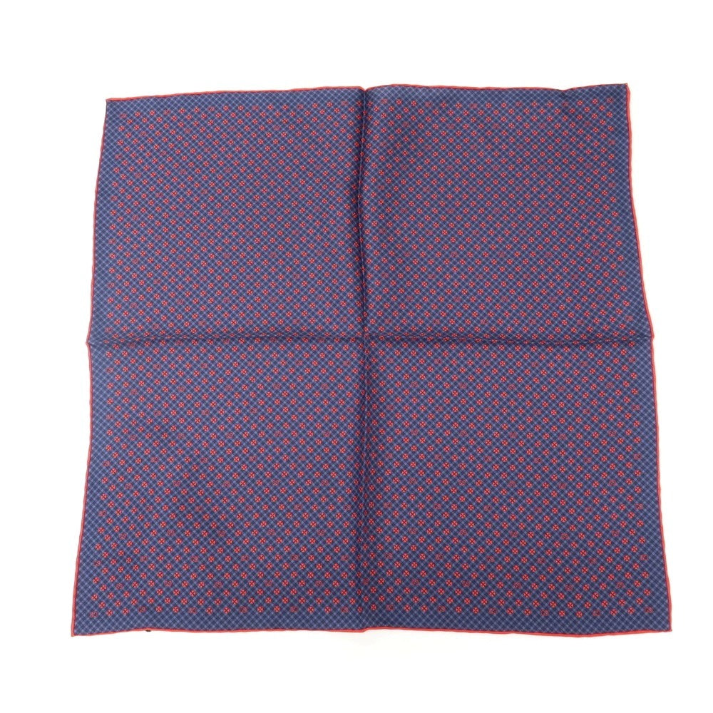 【中古】グッチ GUCCI シルク GGロゴ×クローバー×チェック プリント ポケットチーフ ネイビーxレッド【 状態ランクA 】【 メンズ 】