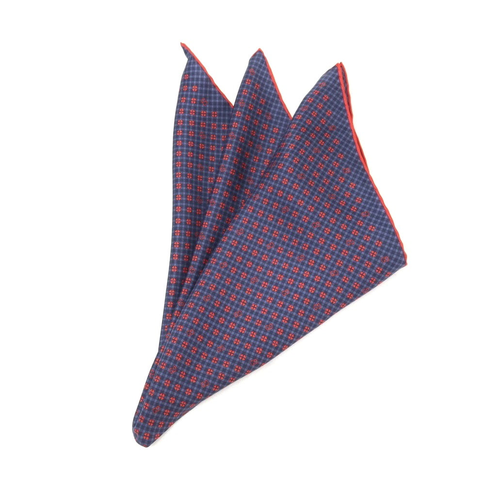 【中古】グッチ GUCCI シルク GGロゴ×クローバー×チェック プリント ポケットチーフ ネイビーxレッド【 状態ランクA 】【 メンズ 】