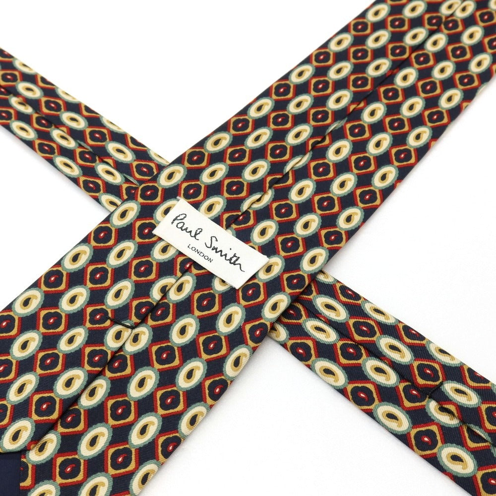 【中古】ポールスミス Paul Smith シルク プリント ネクタイ ネイビーxイエローオーカー【 状態ランクB 】【 メンズ 】