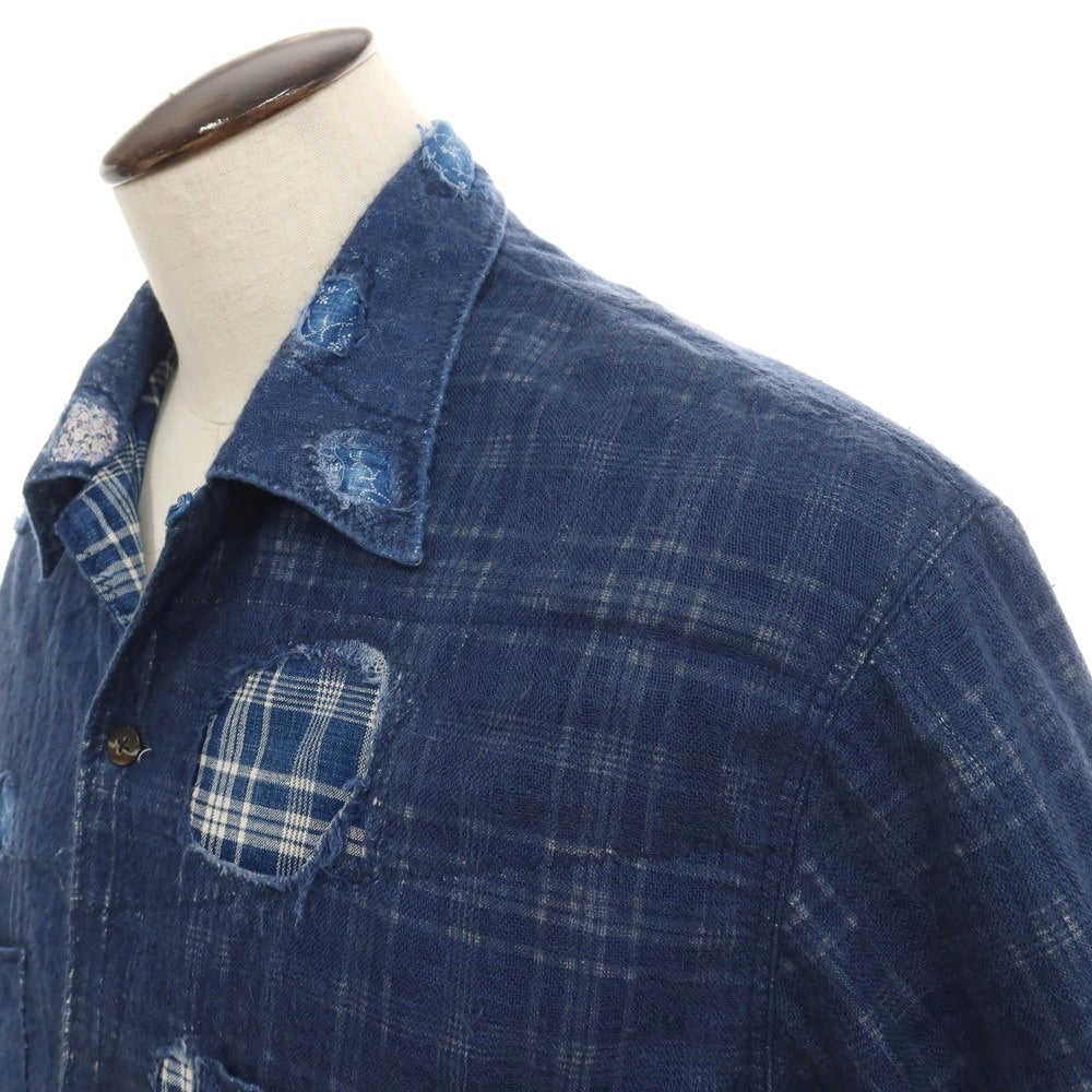 【中古】キャピタル KAPITAL リネンコットン ボロ パッチワーク オープンカラー 半袖シャツ ライトネイビー【サイズ5（XXL）】【 状態ランクB 】【 メンズ 】