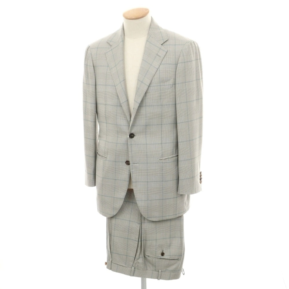 【中古】リングヂャケット RING JACKET MEISTER ウールシルクポリエステル チェック 3つボタンスーツ 　 ライトグレーxグリーン【サイズ44】【 状態ランクB 】【 メンズ 】