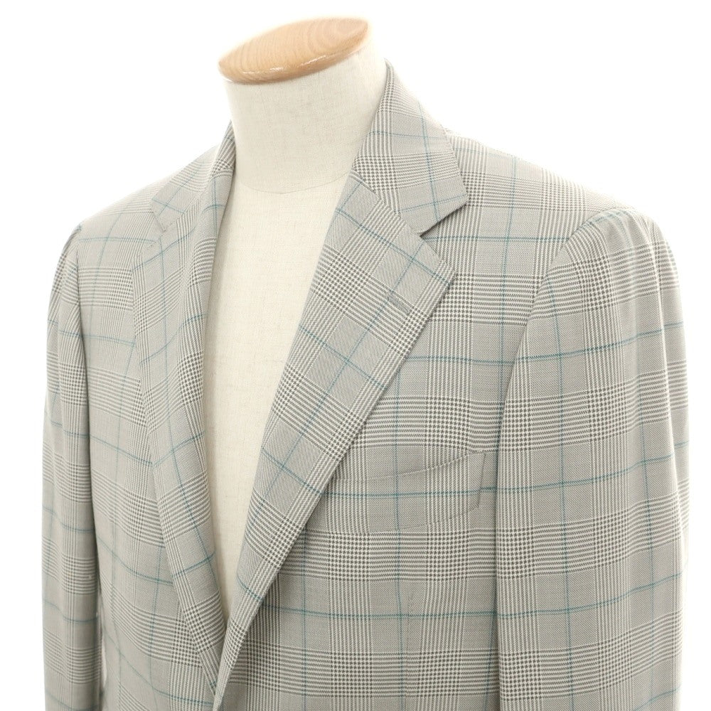 【中古】リングヂャケット RING JACKET MEISTER ウールシルクポリエステル チェック 3つボタンスーツ 　 ライトグレーxグリーン【サイズ44】【 状態ランクB 】【 メンズ 】