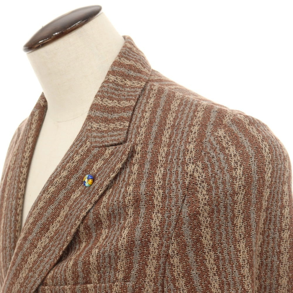 【新品】ベルベスト Belvest リネンコットン ストライプ ダブル4B カジュアルジャケット ブラウンxグレー【サイズ50】【 状態ランクN 】【 メンズ 】
