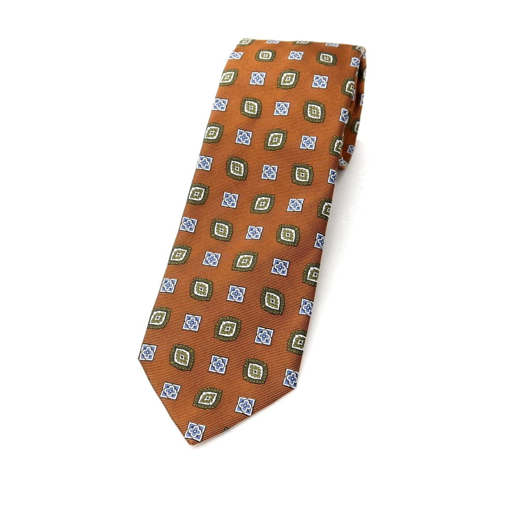 【新品】ステファノ ビジ stefano bigi シルク ジャカード 小紋柄ネクタイ オレンジブラウンxオリーブグリーン【 状態ランクN 】【 メンズ 】