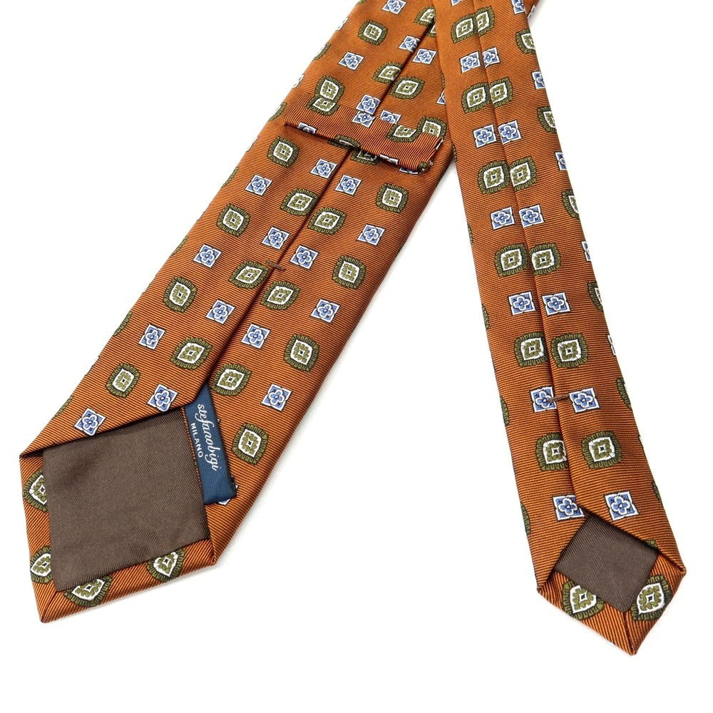 【新品】ステファノ ビジ stefano bigi シルク ジャカード 小紋柄ネクタイ オレンジブラウンxオリーブグリーン【 状態ランクN 】【 メンズ 】