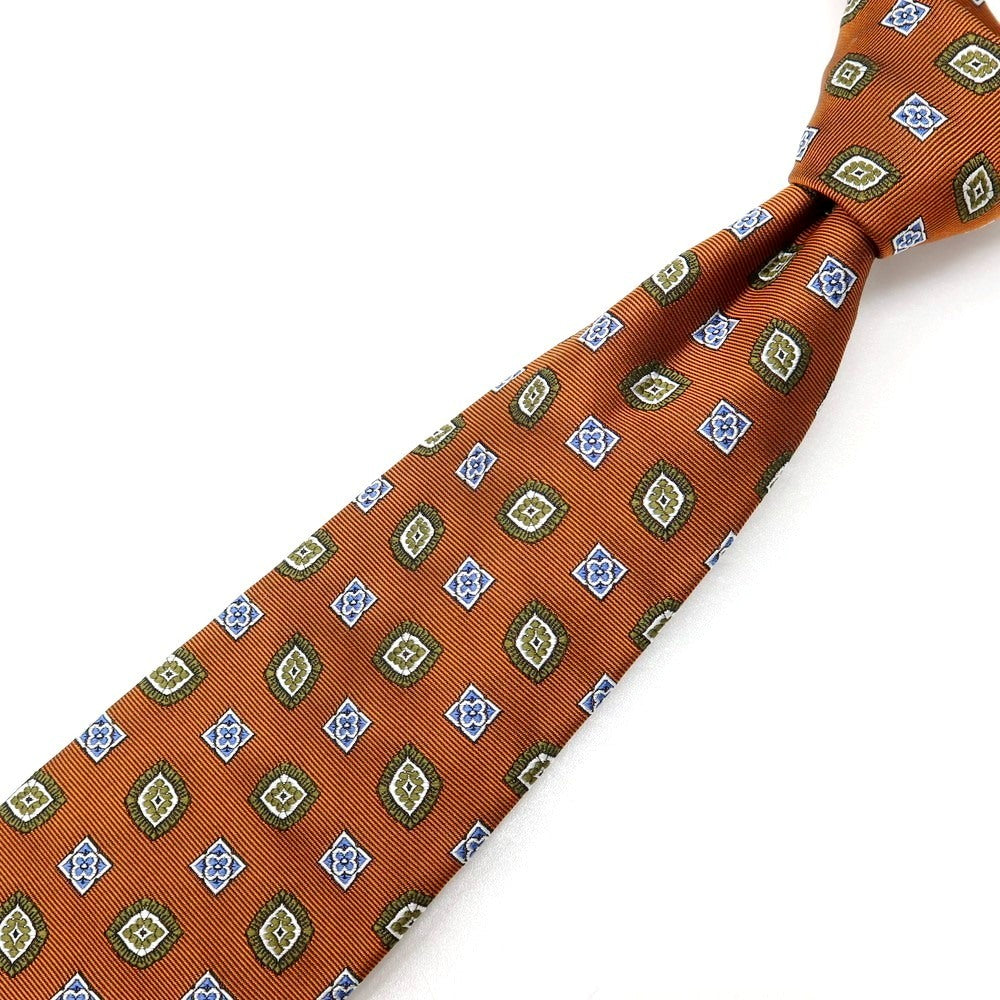 【新品】ステファノ ビジ stefano bigi シルク ジャカード 小紋柄ネクタイ オレンジブラウンxオリーブグリーン【 状態ランクN 】【 メンズ 】