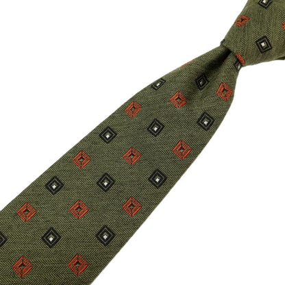 【新品】ステファノ ビジ stefano bigi シルクウール 小紋柄ネクタイ オリーブグリーンxオレンジ【 状態ランクN 】【 メンズ 】