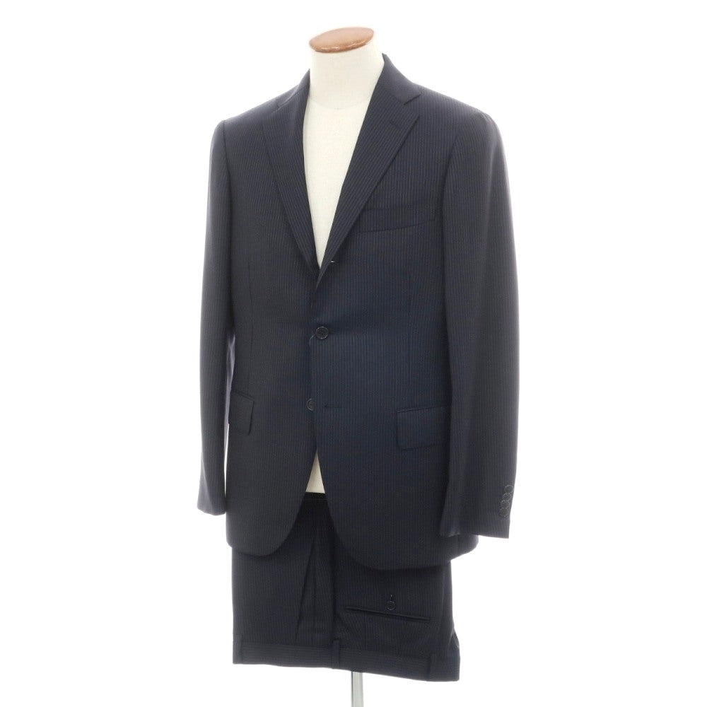 【中古】シップス SHIPS RING JACKET製 ウール ストライプ 3つボタンスーツ ネイビーxホワイト【サイズ48】【 状態ランクB 】【 メンズ 】