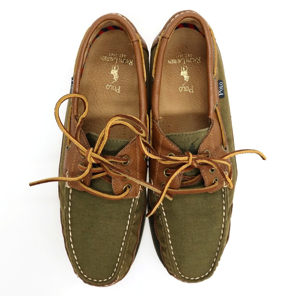 【中古】ポロ ラルフローレン Polo Ralph Lauren キャンバス レザー デッキシューズ オリーブグリーンxブラウン【サイズ27】【 状態ランクC 】【 メンズ 】