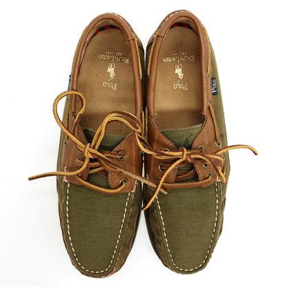 【中古】ポロ ラルフローレン Polo Ralph Lauren キャンバス レザー デッキシューズ オリーブグリーンxブラウン【サイズ27】【 状態ランクC 】【 メンズ 】