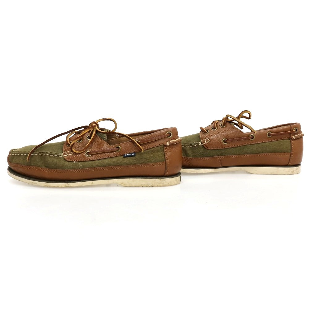 【中古】ポロ ラルフローレン Polo Ralph Lauren キャンバス レザー デッキシューズ オリーブグリーンxブラウン【サイズ27】【 状態ランクC 】【 メンズ 】