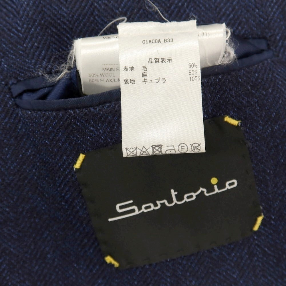【中古】サルトリオ Sartorio ウールリネン ヘリンボーン 3B テーラードジャケット ネイビー【サイズ46】【 状態ランクD 】【 メンズ 】
