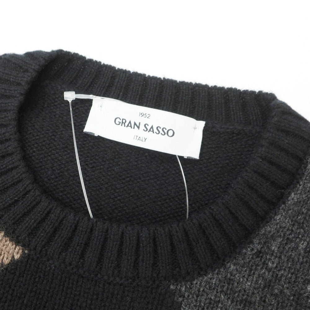 【中古】グランサッソ GRAN SASSO ウール アーガイル柄 クルーネック プルオーバーニット ブラックxダークブラウン【サイズ48】【 状態ランクA 】【 メンズ 】