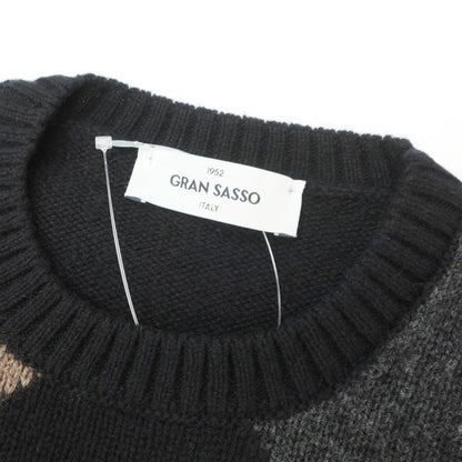 【中古】グランサッソ GRAN SASSO ウール アーガイル柄 クルーネック プルオーバーニット ブラックxダークブラウン【サイズ48】【 状態ランクA 】【 メンズ 】