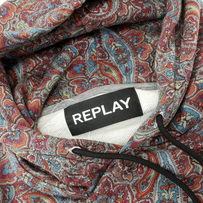 【中古】リプレイ REPLAY コットン スウェット ペイズリー プリント プルオーバー パーカー ワインレッドxグレー【サイズL】【 状態ランクB 】【 メンズ 】