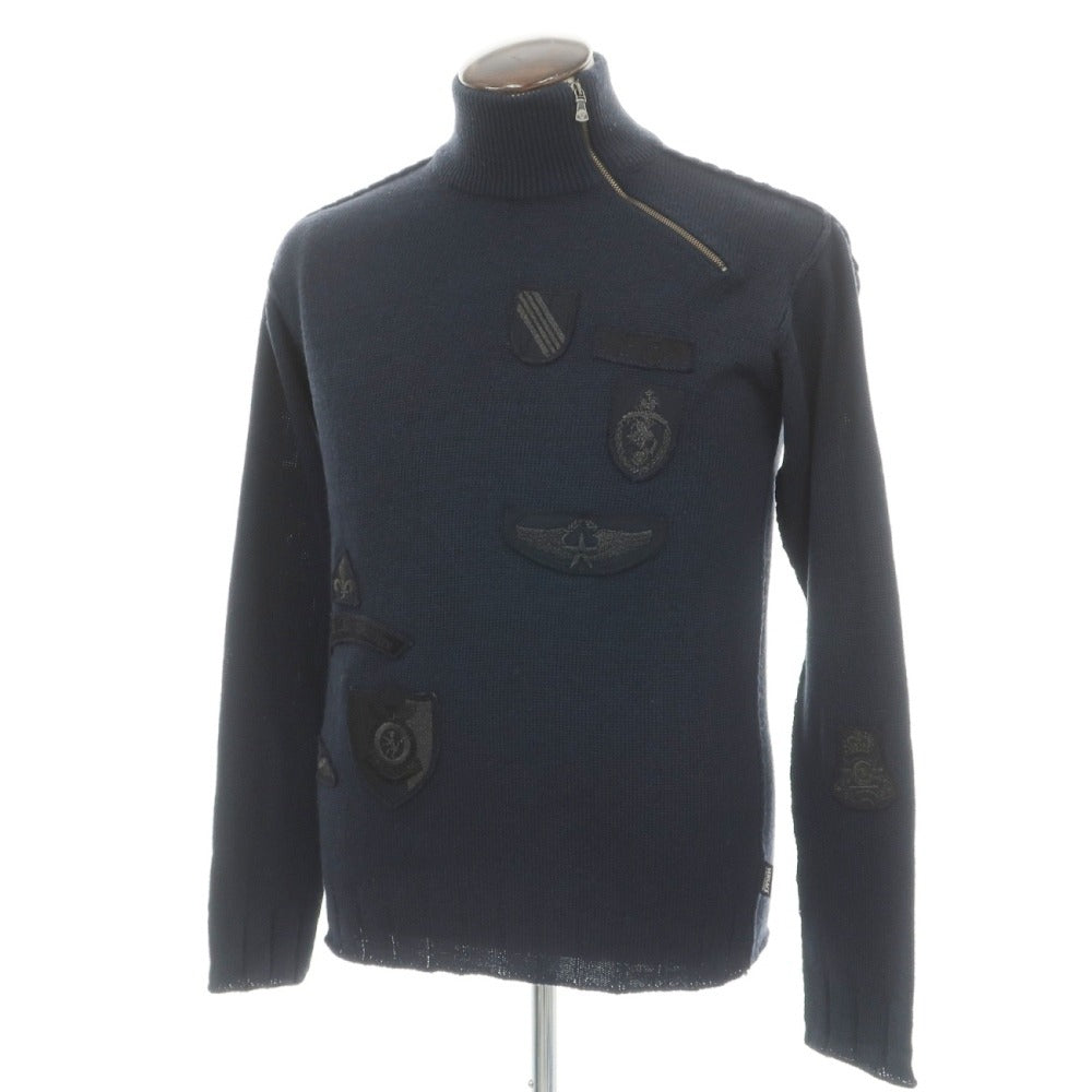 【中古】ヴェルサーチ ジーンズ Versace Jeans ウールアクリル エンブレム 変形ハーフジップ プルオーバーニット ダークネイビー【サイズXL】【 状態ランクC 】【 メンズ 】