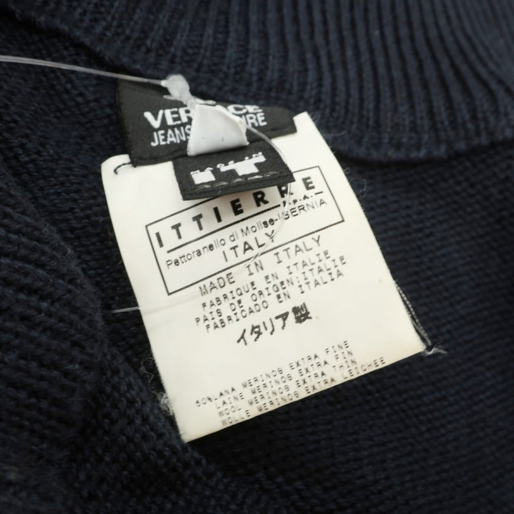 【中古】ヴェルサーチ ジーンズ Versace Jeans ウールアクリル エンブレム 変形ハーフジップ プルオーバーニット ダークネイビー【サイズXL】【 状態ランクC 】【 メンズ 】