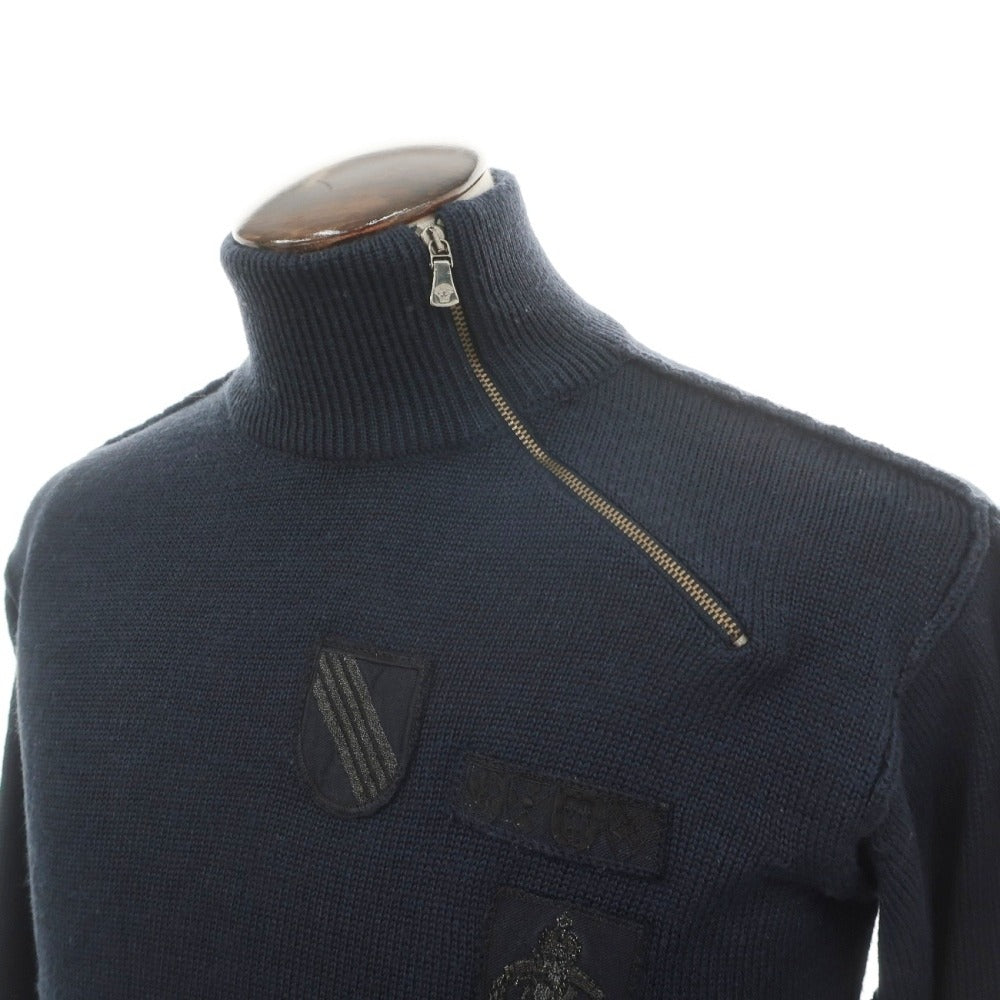 【中古】ヴェルサーチ ジーンズ Versace Jeans ウールアクリル エンブレム 変形ハーフジップ プルオーバーニット ダークネイビー【サイズXL】【 状態ランクC 】【 メンズ 】