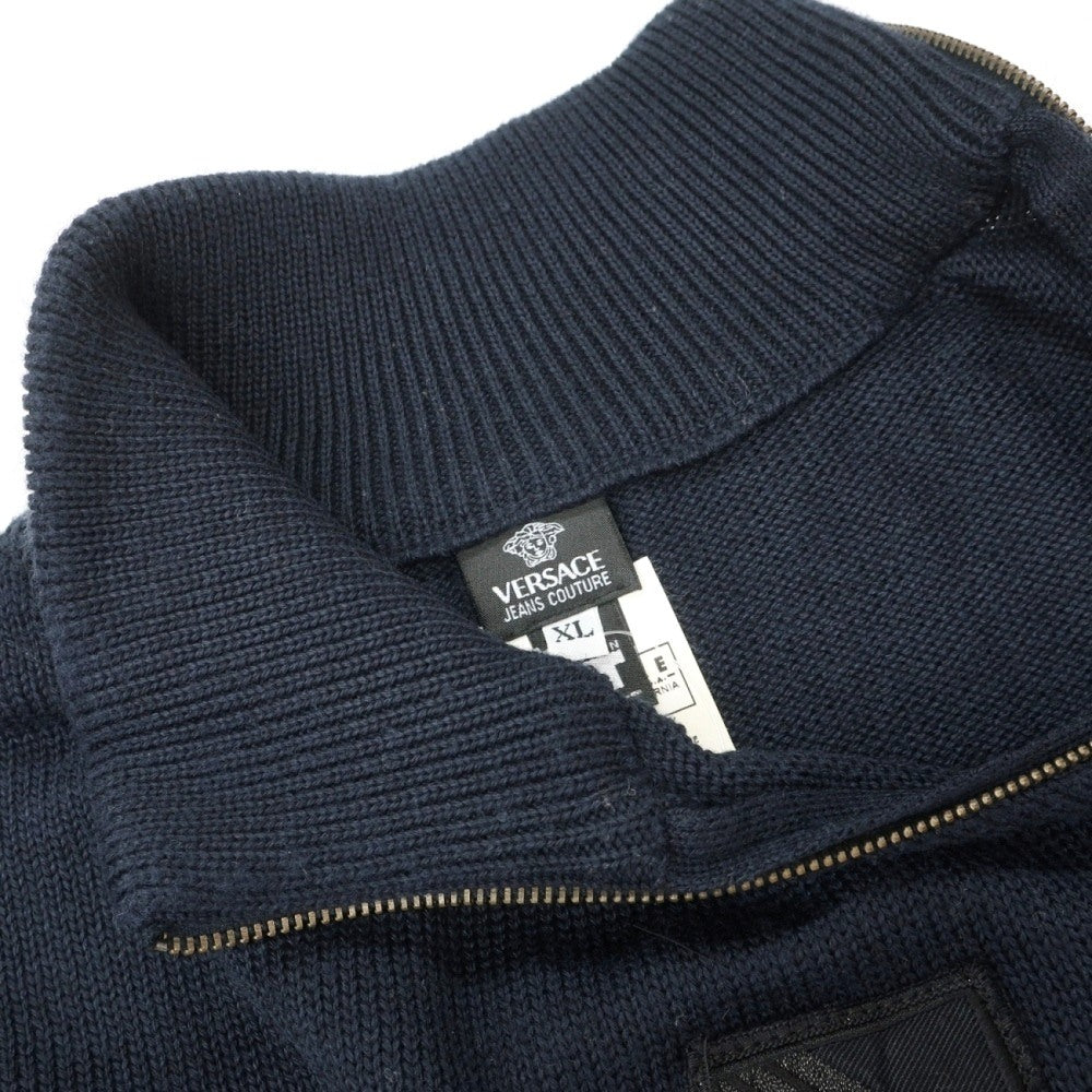 【中古】ヴェルサーチ ジーンズ Versace Jeans ウールアクリル エンブレム 変形ハーフジップ プルオーバーニット ダークネイビー【サイズXL】【 状態ランクC 】【 メンズ 】